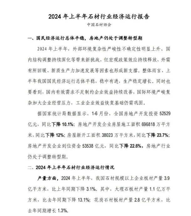 2024年半年報(bào) | 石材行業(yè)經(jīng)濟(jì)運(yùn)行情況